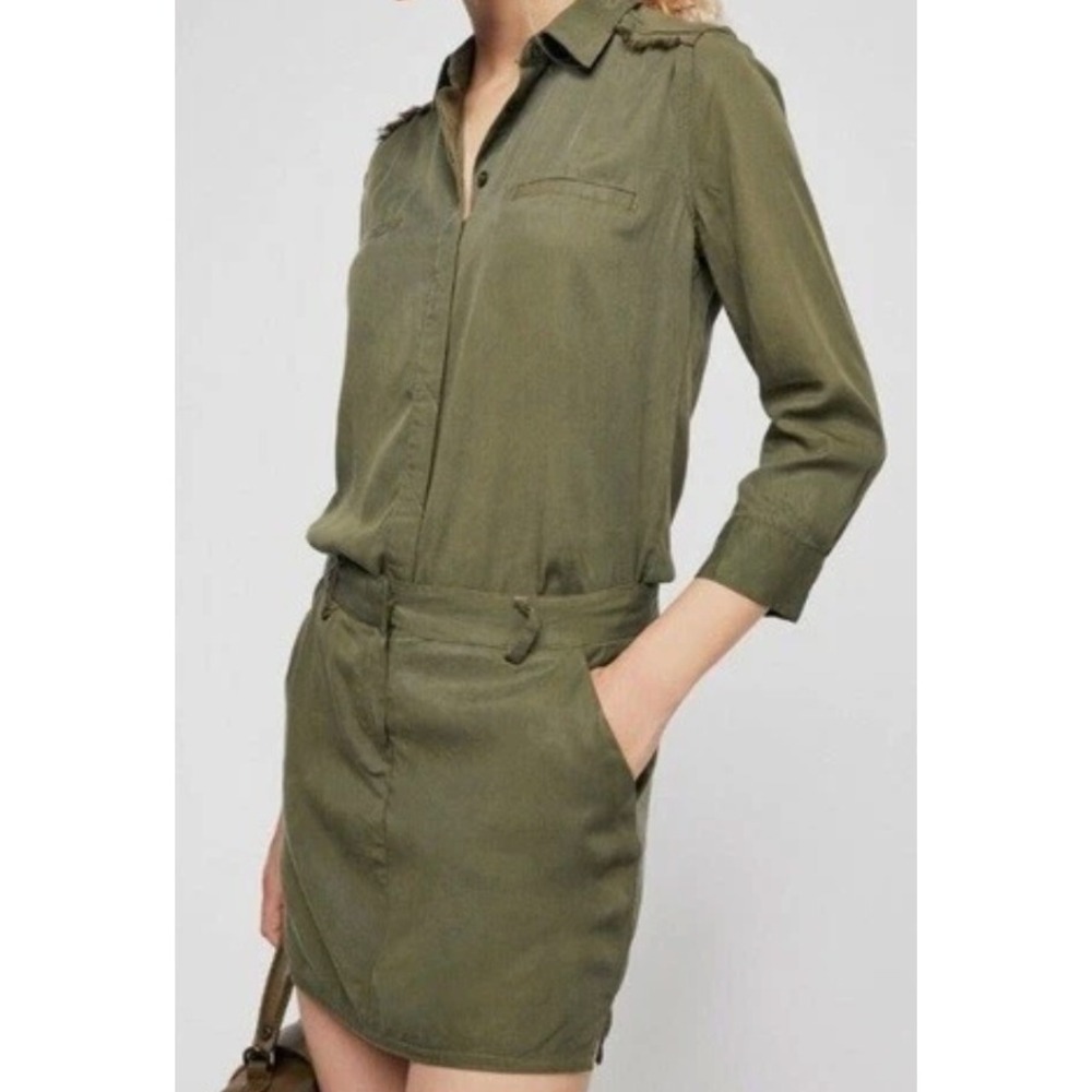 Etienne Marcel Olive Green Tencel Utility Shirt Dress XS Military Mini